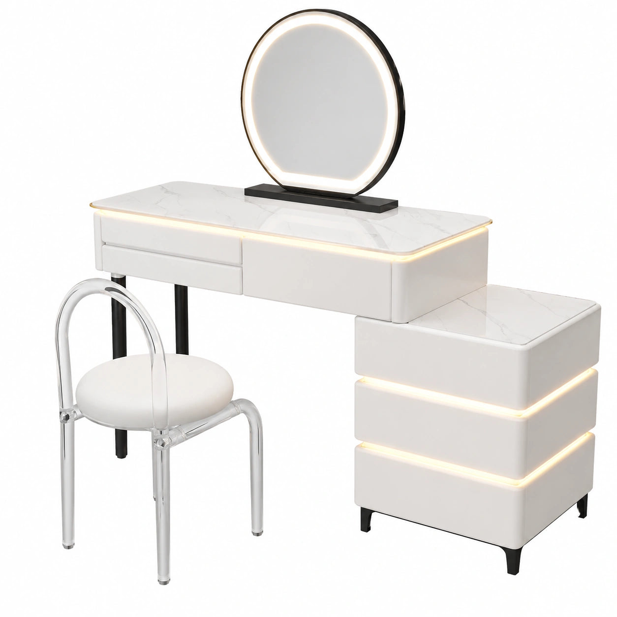 Eleganter Schminktisch mit LEDs und Spiegel, Holzdesign, 6 Schubladen und gepolsterter Hocker