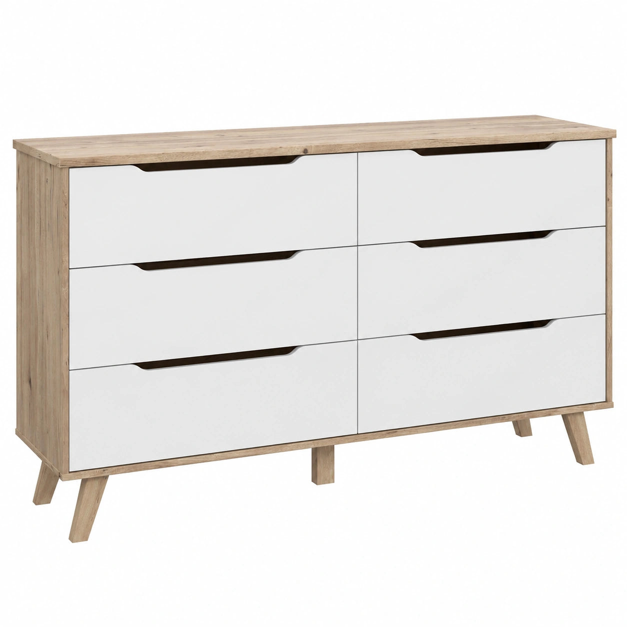 Forte VANKKA Schubladenkommode, 6 Fächer, Planked Eiche/Weiß, 154,7 x 86,3 x 42 cm