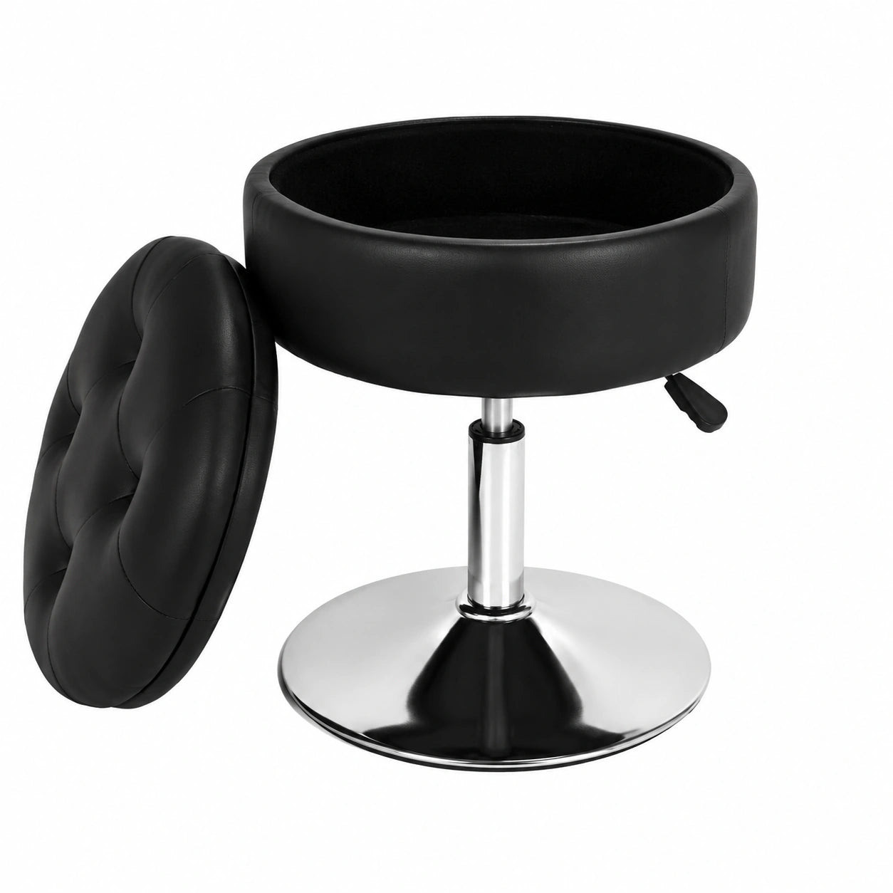 Eleganter Schminkhocker aus PU-Leder mit Stauraum, höhenverstellbar und 360° drehbar, schwarz, 2er Set