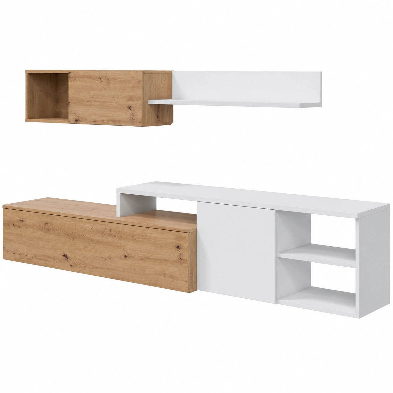 Wohnzimmermöbel-Set Julia, modernes Design in Eiche Nodi und Artic Weiß, flexibel montierbar, Maße: 221 x 44 x 40 cm