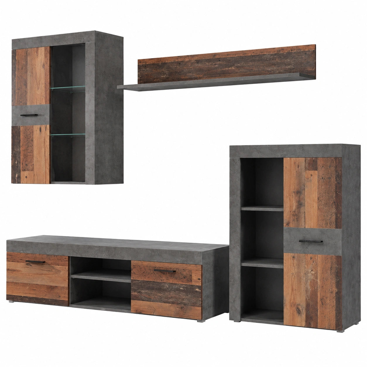Moderne Wohnwand mit Betonoptik und Holzdesign, 4 Türen, 290 x 192,3 x 41 cm