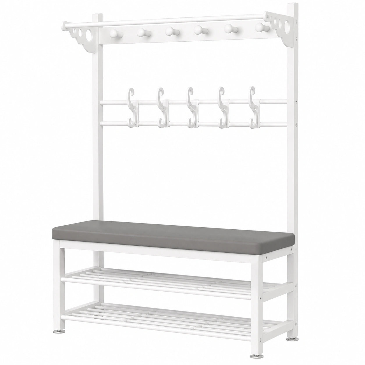 Multifunktionale Garderobe mit Sitzfläche und Schuhregal, Metall Kleiderständer mit 4 Haken, 100x33x170cm, Weiß