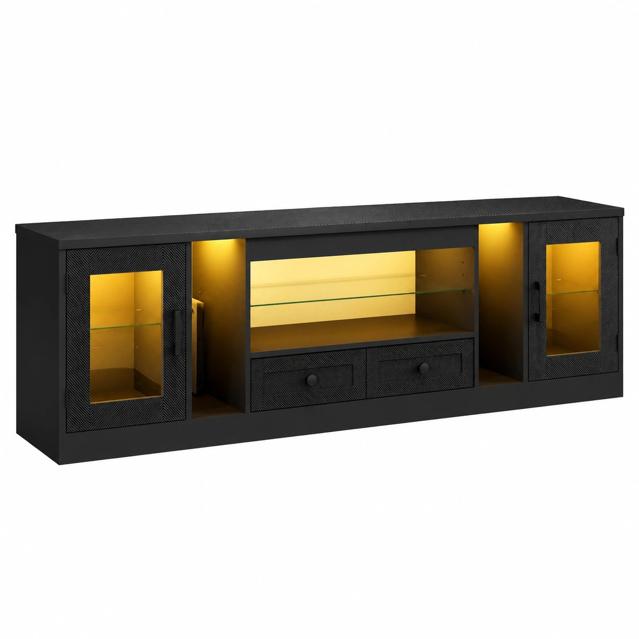 Moderner Dripex TV-Schrank mit LED-Beleuchtung und Schubladen, 180 cm, für 55–65 Zoll Fernseher, Wohnzimmer oder Schlafzimmer, Schwarz
