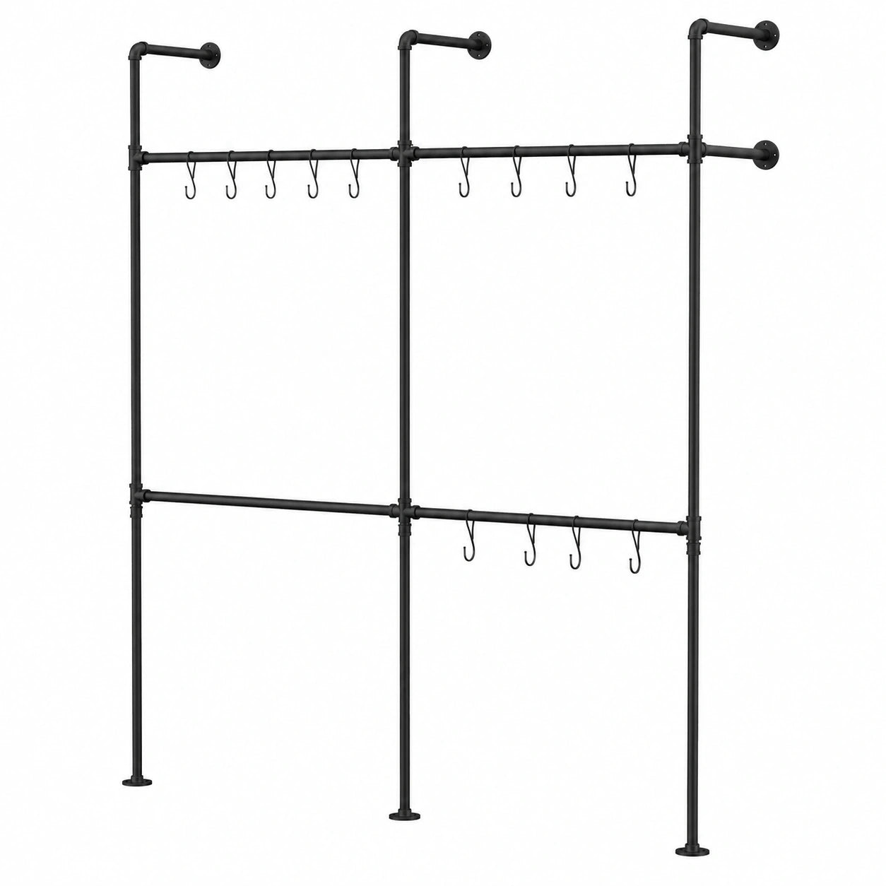 Verstellbarer Wand-Kleiderständer aus Industrierohr, Schwarz, 195cm x 222cm, 4 Regale