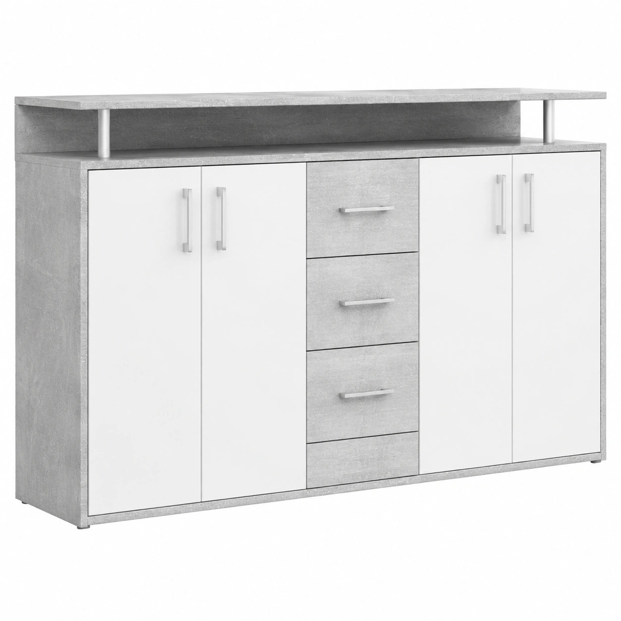 Moderner Sideboard mit Betonoptik und Stauraum, Weiß - Kommode mit Schubladen für Wohnzimmer - 139 x 90 x 34 cm