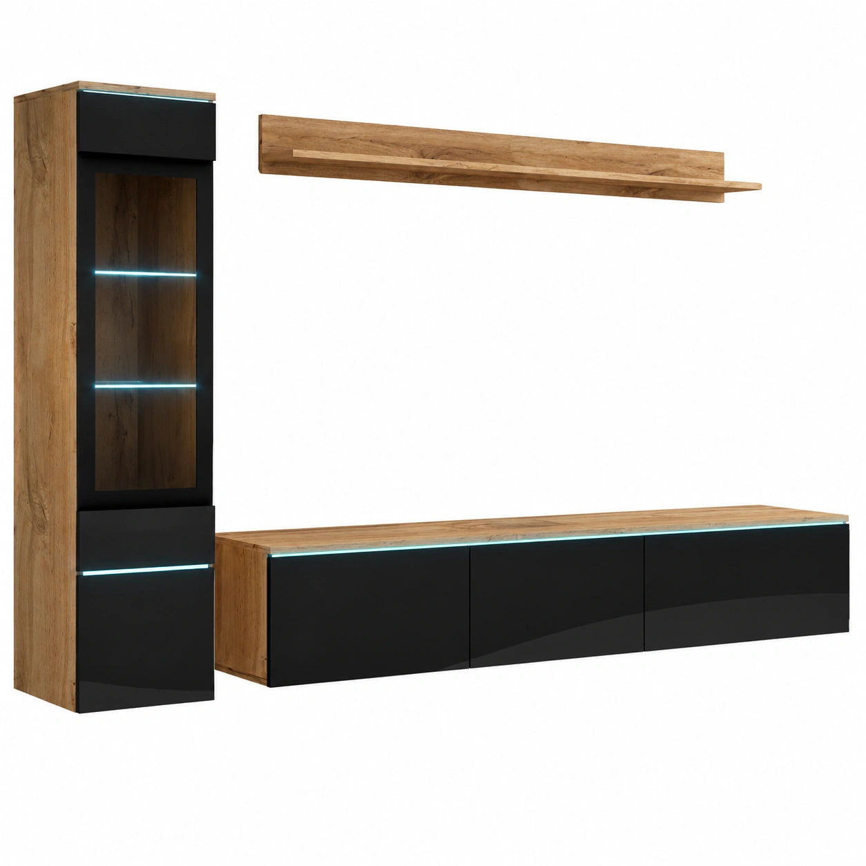 MINIO Wohnwand Set Veve 3-teilig I Moderne Vitrine und Lowboard I Wotan Eiche und Schwarzer Hochglanz mit LED