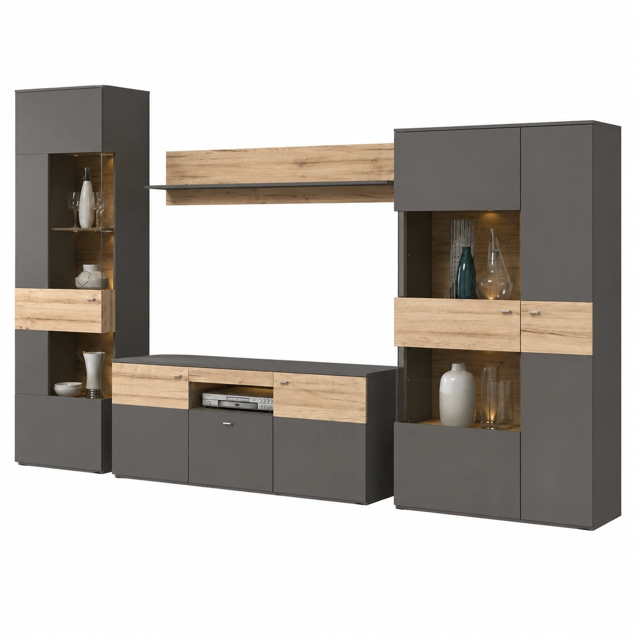 Moderne Wohnwand Forte Como mit 5 Türen und 1 Schublade, in Wolframgrau und Eichedekor, 319 cm x 203 cm x 52 cm