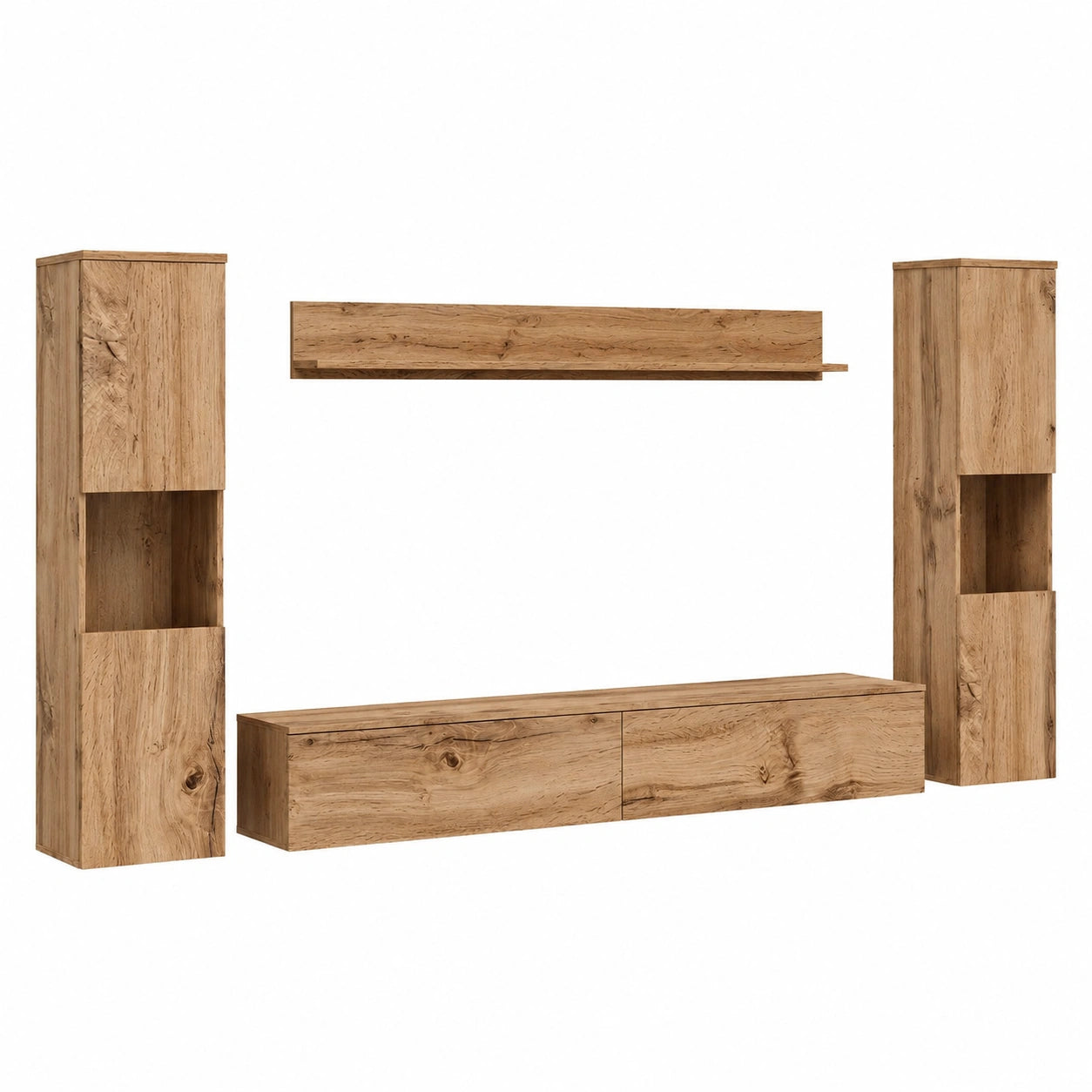Moderne Wohnwand Parma XL Set mit LED-Beleuchtung, 4-teilig: Highboard, Lowboard, Wandboard, Eiche Wotan