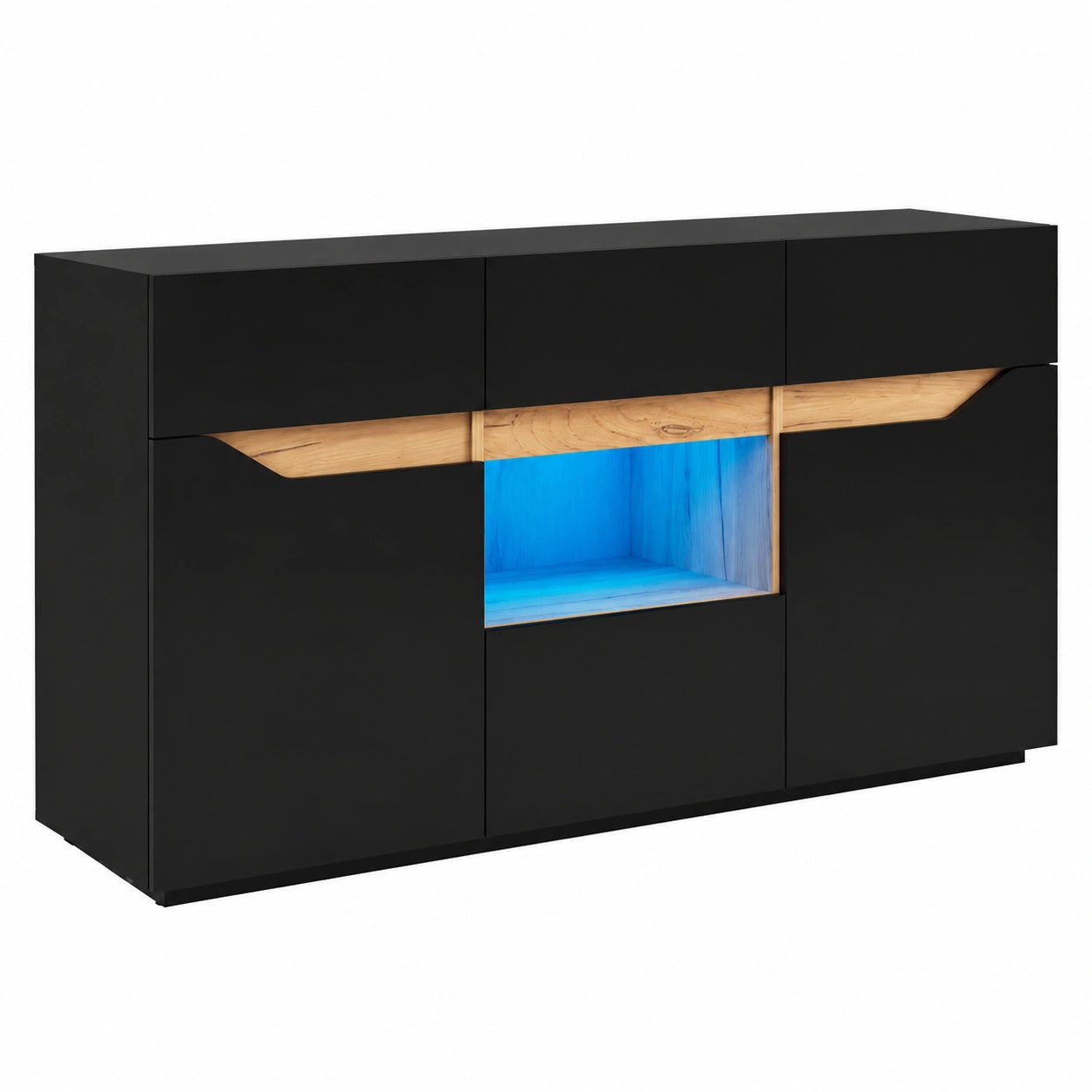 Modernes Sideboard mit LED-Beleuchtung, Griffloses Design in Schwarz-Holzoptik, 2 Türen und 4 Schubladen, 140x40x70 cm für Wohnzimmer