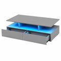 Moderner Couchtisch Grau mit LED-Beleuchtung, Hochglanz Wohnzimmertisch mit Regal und Schubladen, 90x55x41 cm